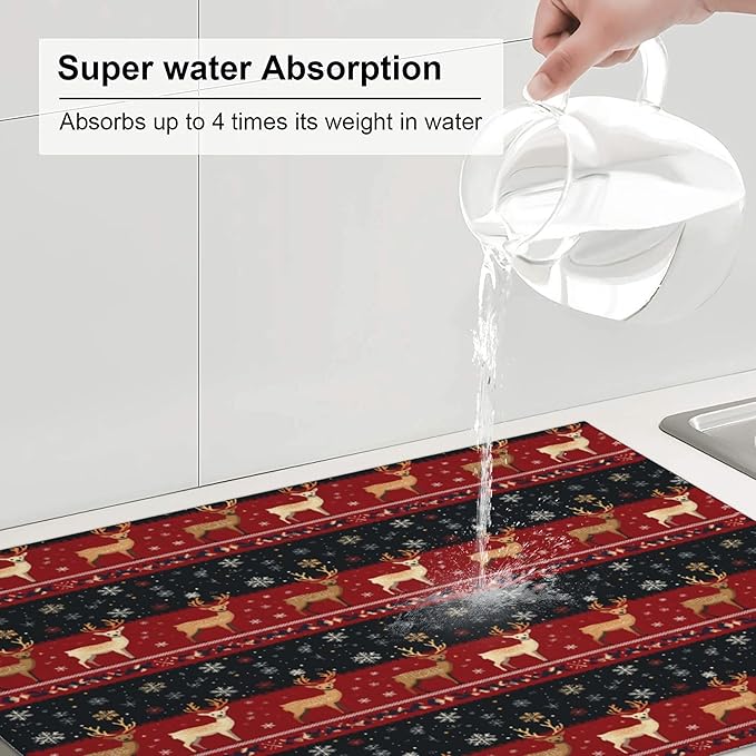 Christmas Reindeer Dish Drying Mat for Kitchen Counter Microfiber Super Absorbent Non-Slip Dish Drying Pad for Countertops Dishes Utensils Stylish Quick-Dry Machine Washable 18x24 Inch