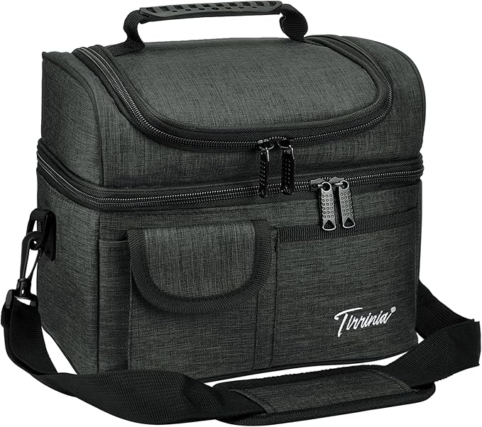 Tirrinia Reusable Lunch Box for Men Women, Insulated Lunch Bag Adult Work, Double Decker Leakproof Lunchbox for Office Picnic Beach—Dual Compartment Lunch Cooler Bag