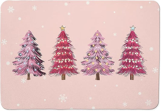 Pink Christmas Tree Dish Drying Mat, Winter Snowflake Xmas Tree Coffee Bar Mat for Countertops, Preppy Christmas Absorbent Dish Drying Mats for Kitchen Counter Coffee Maker, 16x24 Inch