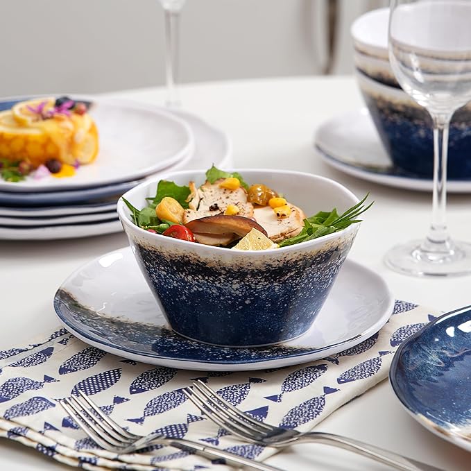 12 Piece Melamine Dinnerware Sets for 4,Unbreakable and Lightweight Plates and Bowls Sets for Camping, Chip and Scratch Resistant,Ideal for RV,Cobalt Blue and White