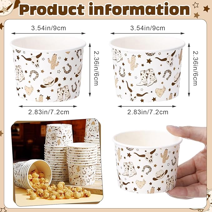 50 Pack Western Cowboy Ice Cream Cups 9 oz Brown Cowboy Boot Disposable Dessert Bowls Paper Soup Bowls for Hot or Cold Food for Western Boho Preppy Wild West Birthday Baby Shower Party