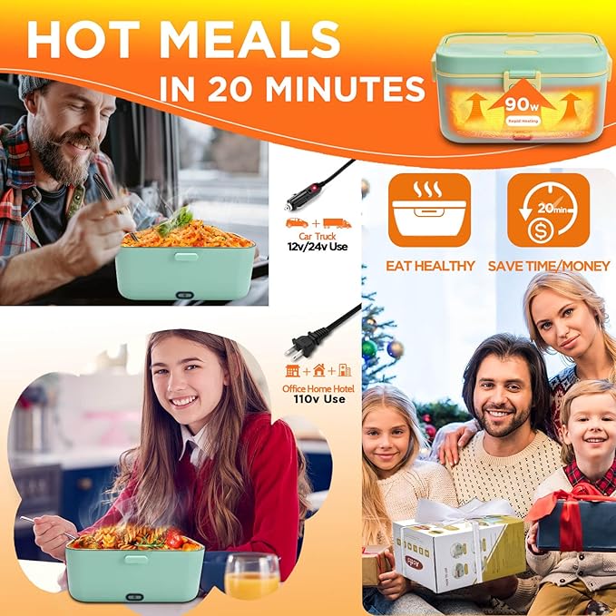 Aotto Electric Lunch Box 2L, 90W Fast Heating (12V/24V/110V) Heated Portable Food Warmer for Car/Truck/Office – Stainless Steel Container, Insulated Carry Bag – Ideal for Adults, Men, Women, Green