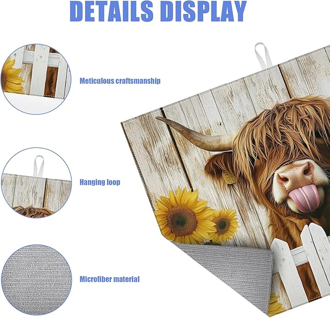 Sunflower Highland Cow Dish Drying Mat for Kitchen Counter Drying Pad Absorbent Reversible Dish Drainer Rack Mats Draining Pad 18"x24"Inch