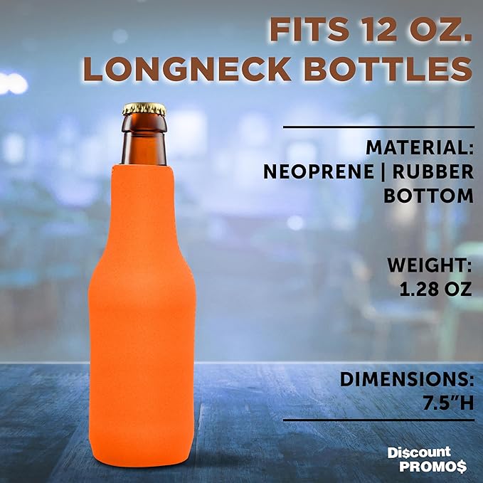 10 Neoprene Zippered Beer Bottle Coolies Pack - Sharkskin Rubber Bottom - Neon Orange