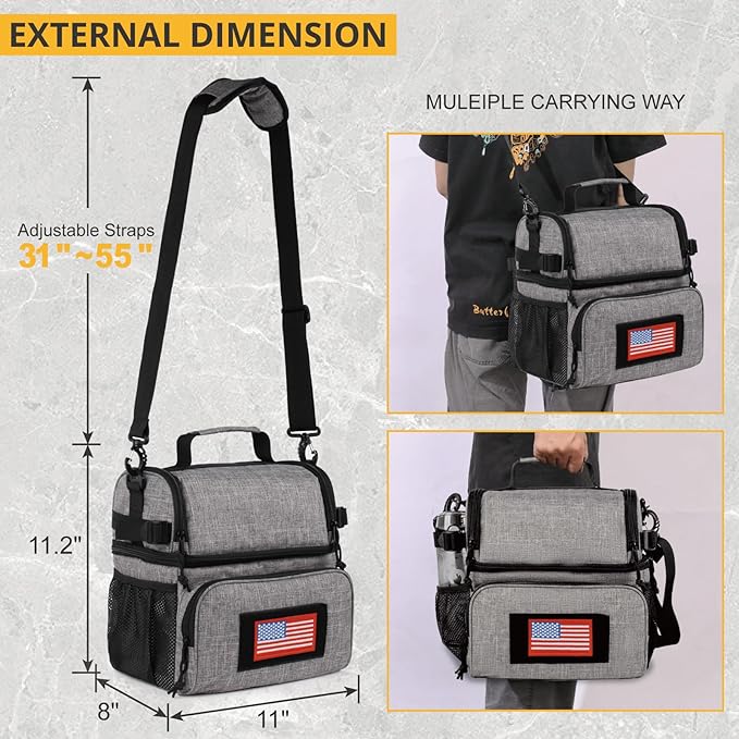 ATRIPACK 2 Compartment Lunch Bag for Men Adult, Tactical Lunch Box Leakproof Insulated Large Cooler Bag for Work with Adjustable Shoulder Strap Flag Double Layer Lunch Pail（Grey）