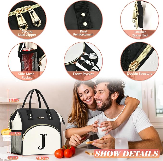 Personalized Lunch Box for Women, Initial Reusable Insulated Lunch Bag, Wide-Open Adult Lunchbox Cooler Lunchbag, Initial Leakproof Lunch Tote Bag for Picnic Work Outdoors Black and White - A