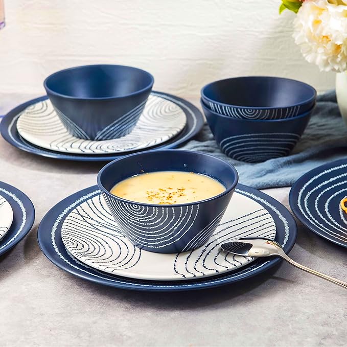 bzyoo 12 Piece Melamine Dinnerware Set - Durable, Dishwasher Safe Blue Plates and Bowls - Dining, Parties, Camping Dish Set Blue Planet Collection