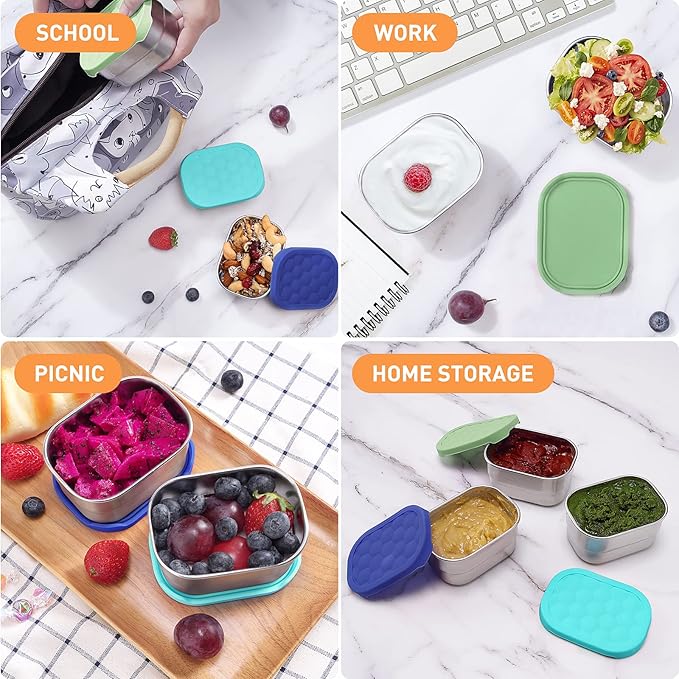Small (1 CUP) Stainless Steel Snack Containers for Kids | Easy Open Leak Proof Food Containers with Silicone Lids - Perfect Metal Toddler Lunch Box for Daycare and School (8oz)