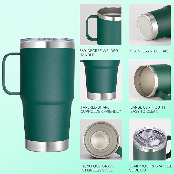 20 oz Stainless Steel Tumbler with Handle Bulk Metal Insulated Tumblers Travel Coffee Mug with Handle Double Wall Tumbler Cup with Lid and Straw, New Dark Green 12 Pack