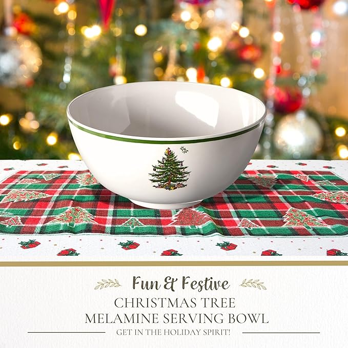 Spode Christmas Tree Melamine Deep Bowl - Large 11-Inch Round Serving Bowl for Salad, Pasta, Side Dishes - Festive Holiday Tableware - Shatterproof, Indoor/Outdoor Use, Dishwasher Safe