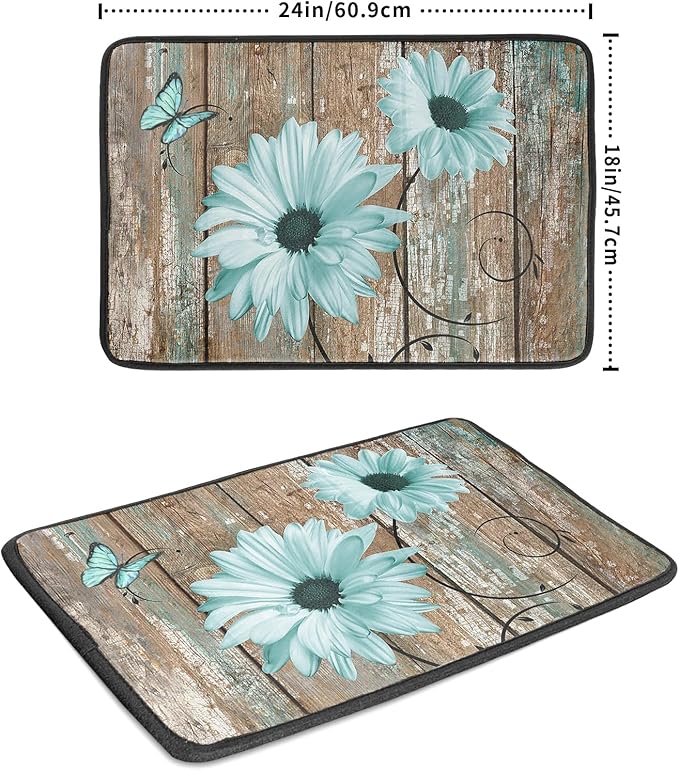 Rustic Daisy Dish Drying Mat for Kitchen Countertop 18x24 inch Teal Sunflowers on Wooden Board Dish Drainer Mats Fast Drying Country Vintage Style Shabby Chic Flower Dish Drying Pad Decor Large