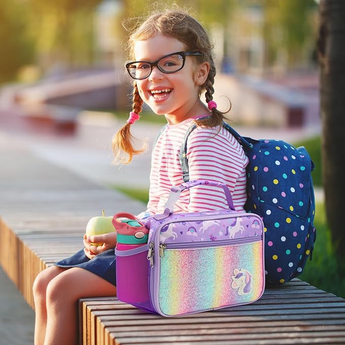 Bagseri Lunch Bag for Girls - Kids Lunch Box for Girls Reusable Leak-Proof and Insulated Kids Lunch Bag Toddler Lunch Box for Daycare and School, Glitter Purple Unicorn (Water Bottle Not Included)