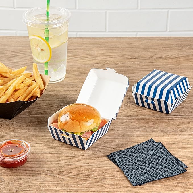 Restaurantware 2.8 x 2.8 x 2 Inch Mini Burger Boxes 100 Clamshell Food Containers - Hinged Lid Striped Blue And White Paper Take Out Boxes Serve Sliders Or Finger Foods