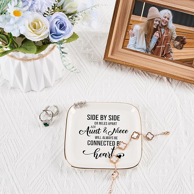 Aunt & Niece Ring Trinket Dish - Connected By Heart, Birthday Christmas Valentines Mother's Day Gift, White