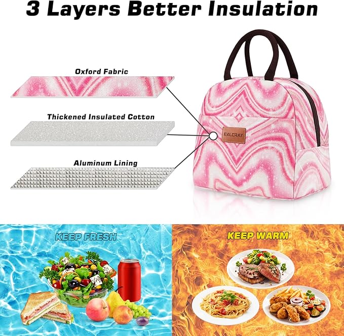BALORAY Lunch Bag for Women Men Cute Reusable Insulated Lunch Box Large Capacity Lunch Tote Bag for Work, Picnic or Travel(Shimmery Pink)
