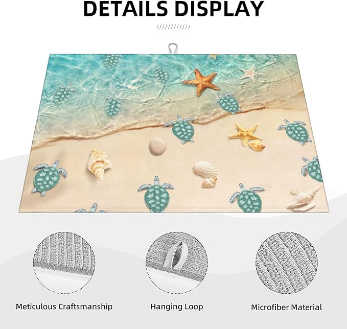 Sea Turtles Beach Dish Drying Mat for Kitchen Counter Cute Drying Pad 18x24 Inch Teal Nautical Decor Absorbent Reversible Dish Drainer Rack Mats