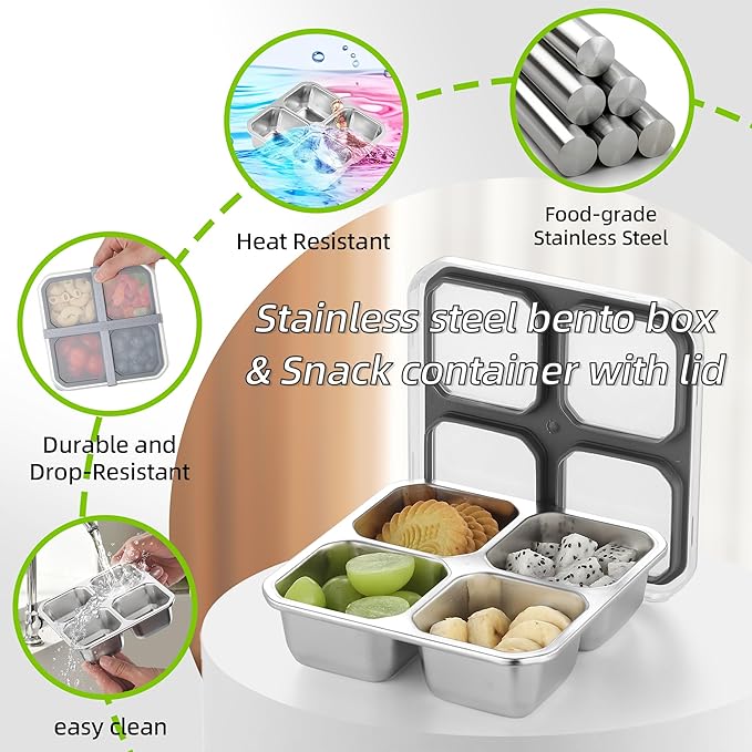 BEFOY 2 Pack Stainless Steel Snack Containers with Lids 4 Compartment Food Storage Containers for Adults & Kids Meal Prep Containers Reusable