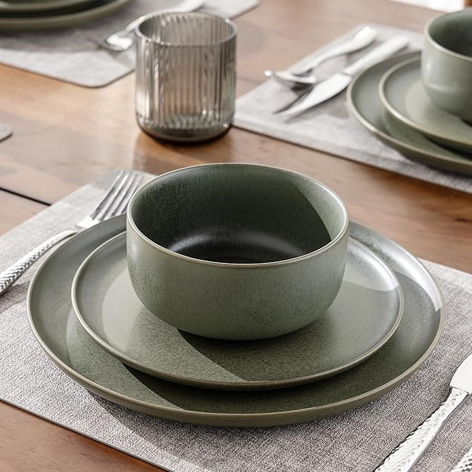 LERATIO Stoneware Dinnerware Sets for 6,Handcarft Ceramic Plates and Bowls Sets,Chip and Scratch Resistant Dishes, Dishwasher & Microwave Safe, Oven safe,Reactive Glaze-Green