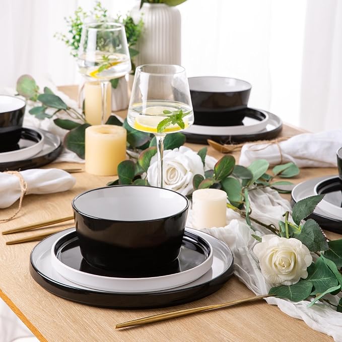 AmorArc Dinnerware Sets for 4, 12 Piece Stoneware Plates and Bowls Set, Chip and Crack Resistant Plates Set, Dishwasher & Microwave Safe Ceramic Dishes - (Black and White, Service for 4)