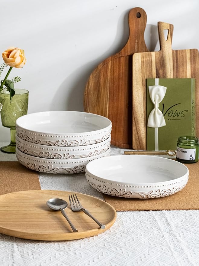 YHOSSEUN Pasta Bowls Set of 4, 50 OZ Large Salad Serving Bowls, 9.75" Pasta Plates Shallow Bowls Set, Microwave Dishwasher Safe, Antique Morning Glory