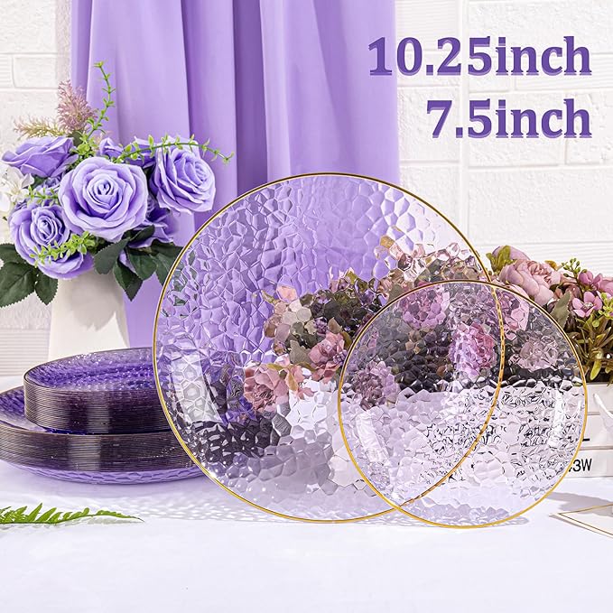 SUT 100Pcs Purple Plastic Plates, Hammered Plates Disposable Heavy Duty, Purple Disposable Plates With Gold Rim, Fancy Plastic plates Include 50 Dinner and 50 Dessert plate for Wedding