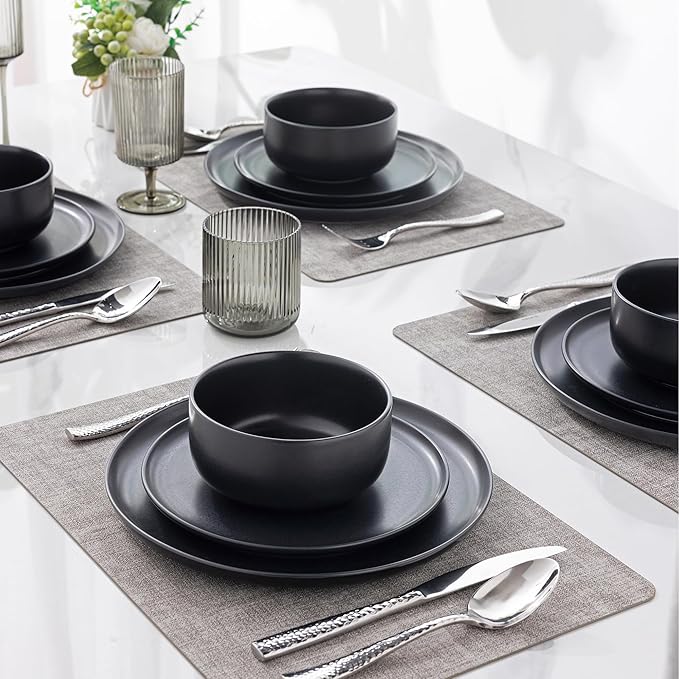 LERATIO Stoneware Dinnerware Sets for 6,Handcarft Ceramic Plates and Bowls Sets,Chip and Scratch Resistant Dishes, Dishwasher & Microwave Safe, Oven safe,Reactive Glaze-Black
