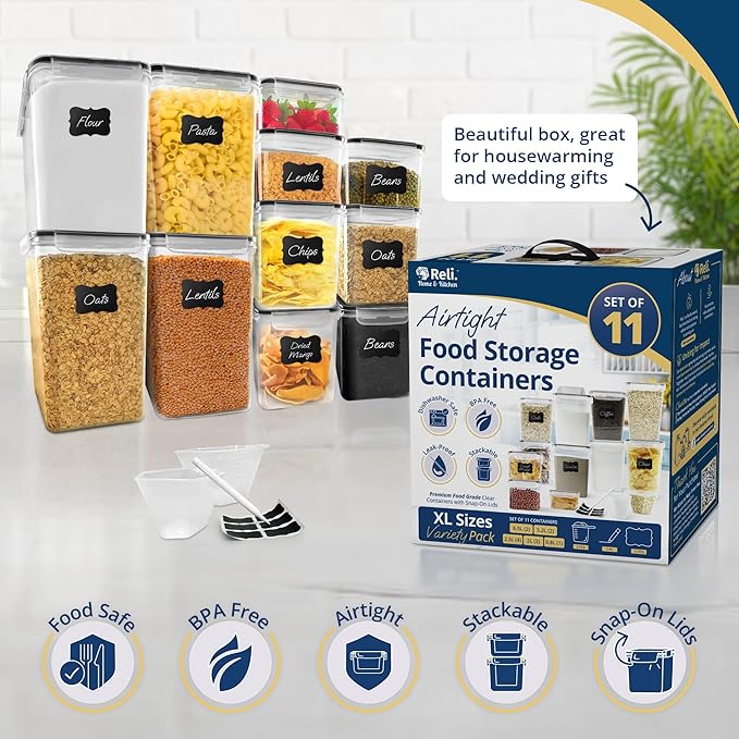 Reli. Airtight Food Storage Containers with Lids (11 Sets) | Kitchen Organizers and Storage Pantry Organizers | BPA Free Plastic Food Container XL Size Variety Pack w/ 2 Measuring Cups, 12 Labels, Pen