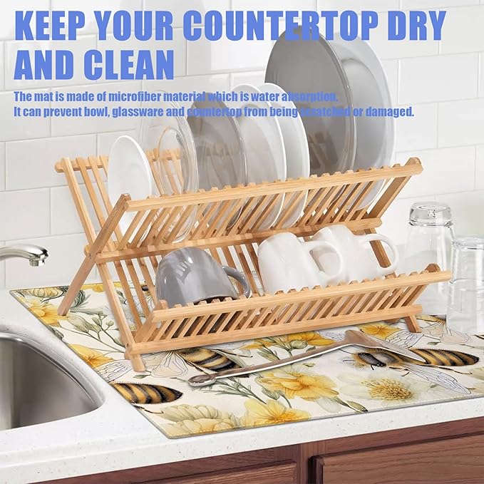 Watercolor Bee Floral Dish Drying Mat for Kitchen Counter Drying Pad Absorbent Reversible Dish Drainer Rack Mats Draining Pad 18"x24"Inch