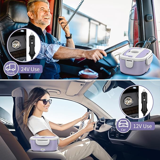 Vingud Electric Lunch Box for Adults, 80W Heated Lunch Box with 2 Stainless Steel Container, 1.5L Portable Food Warmer Lunch Boxes for Work Men Car Truck, 110V/12V/24V/240V (Light Purple)