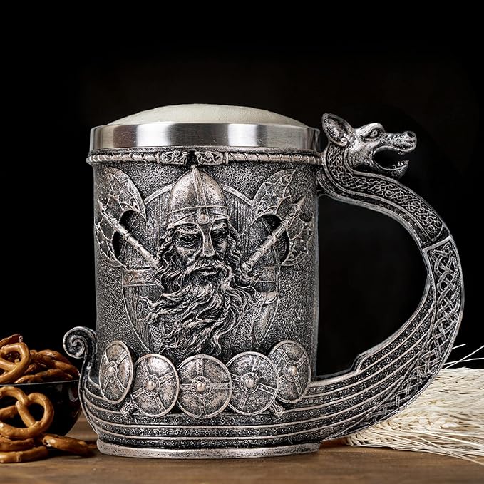 Viking Mug Beer Stein Tankard, Stainless Steel Ideal Drinkware for Coffee Cup Nordic Style Gifts for Men
