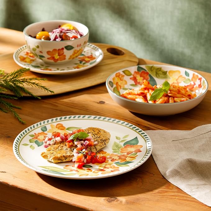 Bloomhouse Cassia Bud 16 Piece Double Bowl Hand Painted Stoneware Plates and Bowls Floral Dinnerware Set