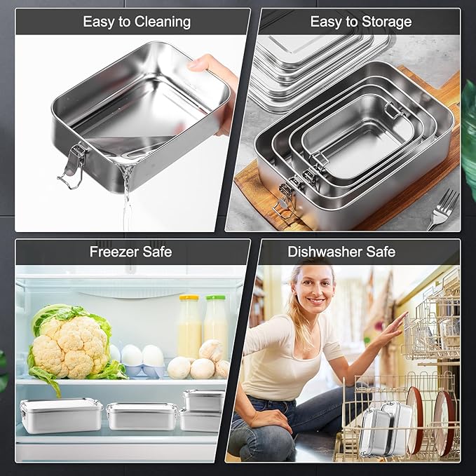Umigy 12 Pcs Stainless Steel Food Containers 550/850/1400/2400 ml Metal Bento Lunch Box Stainless Steel Food Storage Containers, Lockable Clips to Leak Proof, Reusable Dishwasher Snack Boxes for Work