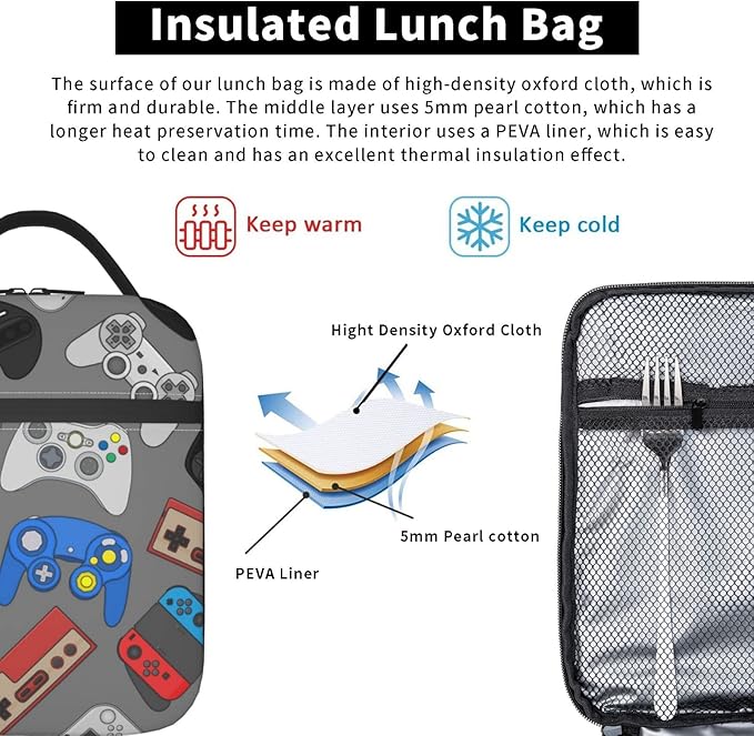 Video Game Controller Insulated Lunch Box Bag Portable Lunch Tote For Women Men And Kids