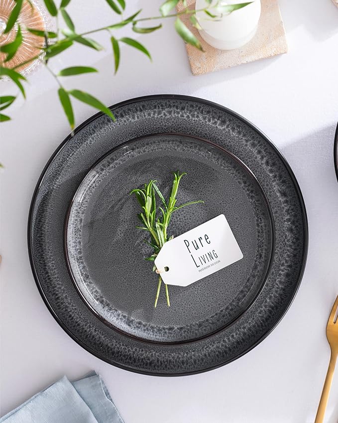 Stoneware dinnerware set 8 persons 24 pcs - Dishwasher, microwave and scratch resistant - Bowl and plate set 8 persons modern - Dinner service Pure Living black in gray…