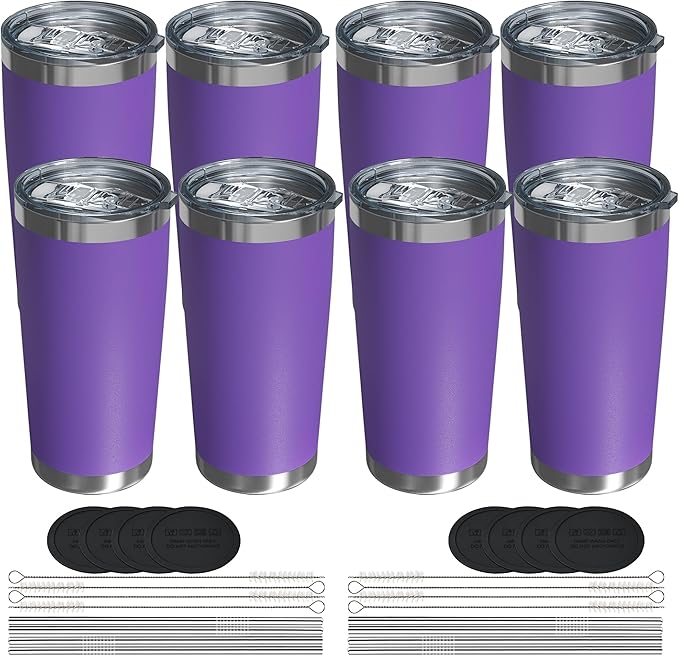 Travel Coffee Tumbler 20oz, 8 Pack Leakproof Travel Coffee Mug with Lid and Straw, Stainless Steel Double Wall Vacuum Insulated Tumbler for Hot/Iced Drinks (Textured Matte, Purple)
