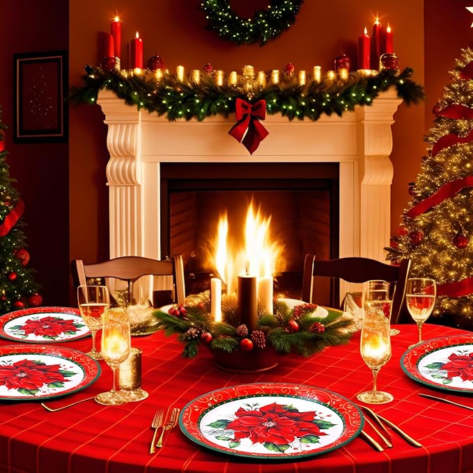 Zhehao 100 Pcs Christmas Paper Plates 9 Inch Disposable Plates Bulk Red and Green Poinsettia Christmas Party Decoration for Xmas Candy Dinner Plate Party Wedding Event Supplies