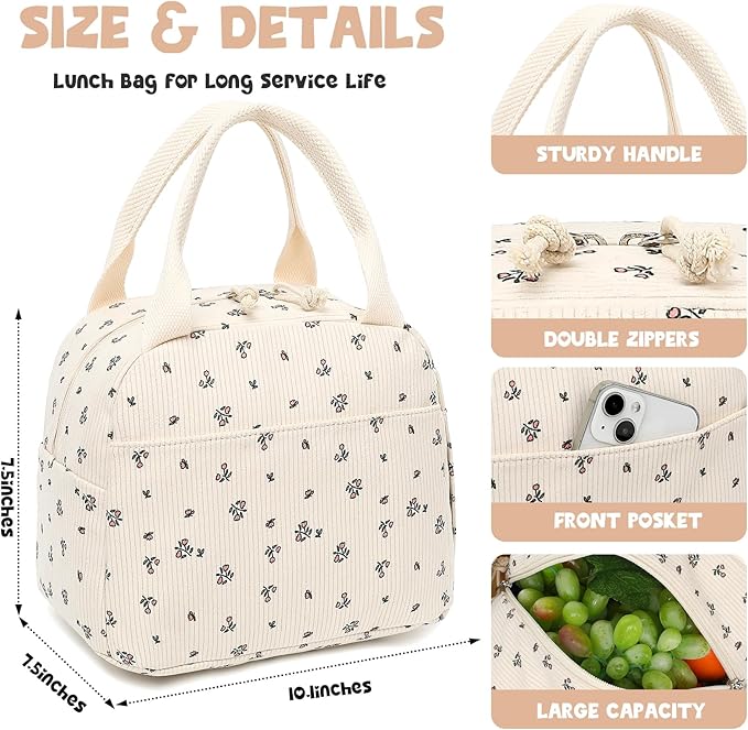 Bluboon Lunch Bag for Women Men Cute Corduroy Lunch Tote Bags Reusable Insulated Lunch Box Large Capacity Reusable Insulated Cooler for Work Picnic or Travel