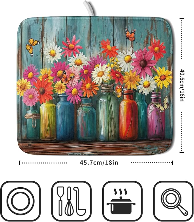 Botanical Flowers Dish Drying Mats 16x18 Inch,Colorful Daisy Mason Jar on Wood Plank Microfiber Quick-Dry Drainer Rack Absorbent Pad for Farmhouse Kitchen Countertop Sink Decor