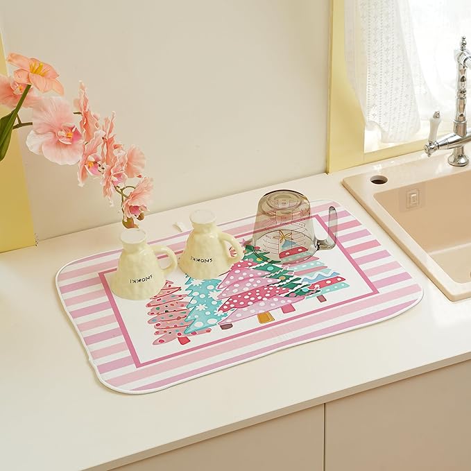 Christmas Dish Drying Mats 18x24 Inch Stripes Watercolor Pink Christmas Trees Star Drying Mats Xmas Winter Holiday Kitchen Decor Absorbent Drying Dish Pad for Kitchen Dining Room Counter