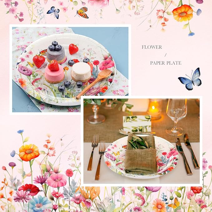 Zhehao 100 Pcs Wildflower Paper Plates 9 Inch Disposable Summer Plates Party Decoration for Birthday Picnic Spring Wedding Baby Shower