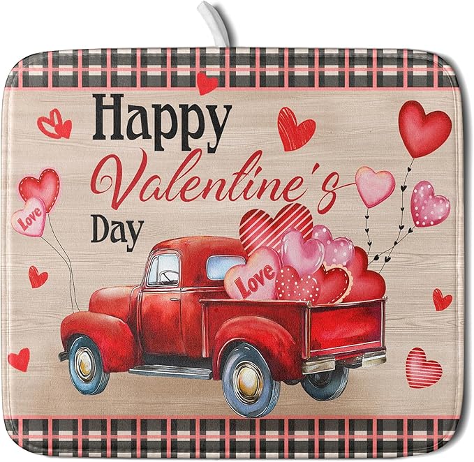 Valentine's Day Truck Dish Drying Mat 16x18 inch Love Heart Washable Absorbent Dishes Pad Dish Drainer Mat for Kitchen Counter Sink Coffee