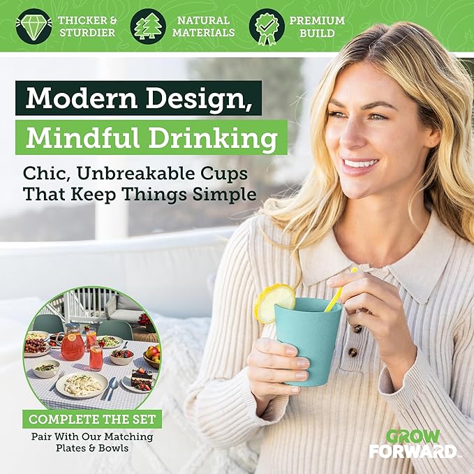 Grow Forward Premium Wheat Straw Cups - 13 & 20 oz Unbreakable BPA Free Hard Plastic Cups – Reusable Lightweight Plastic Drinking Glasses for Kitchen, Outdoor, Water, Camping, RV - Seascape