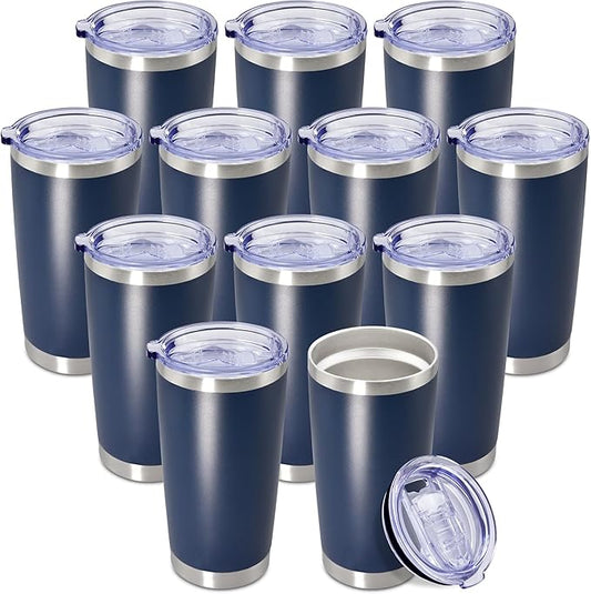 20 oz Tumbler Coffee Tavel Tumblers Bulk with Lid Stainless Steel Double Wall Vacuum Insulated Mug Powder Coated Cups fit Car Cupholder for Hot and Cold - Navy, 12Pack