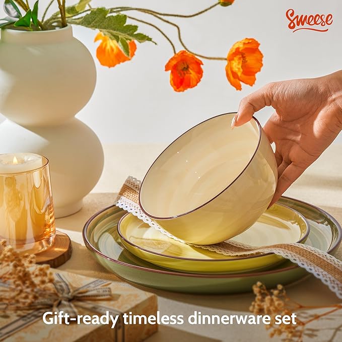 Sweese Plates and Bowls Sets, 18 Piece Dinnerware Set Porcelain Round Dinner Set for 6, Scratch Resistant Dishes Set, Dishwasher and Oven Microwave Safe Handpainted Swirl Dishware Sets, Assorted Green