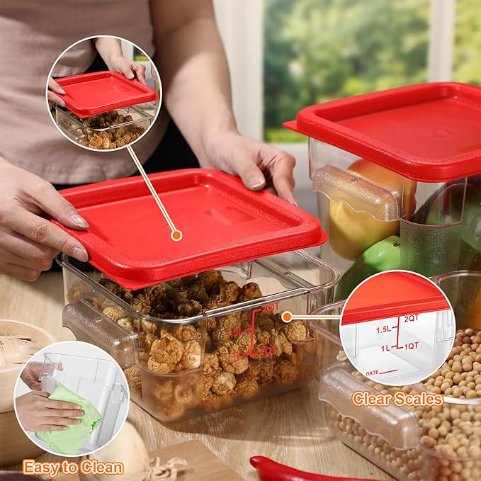 Suclain 8 Pcs Food Storage Container with Lids Set 2qt and 4qt Square Clear Commercial Containers with Scales Handles for Home Restaurant Kitchen Food Storage, Marinating Meat, Proof Dough (Red)