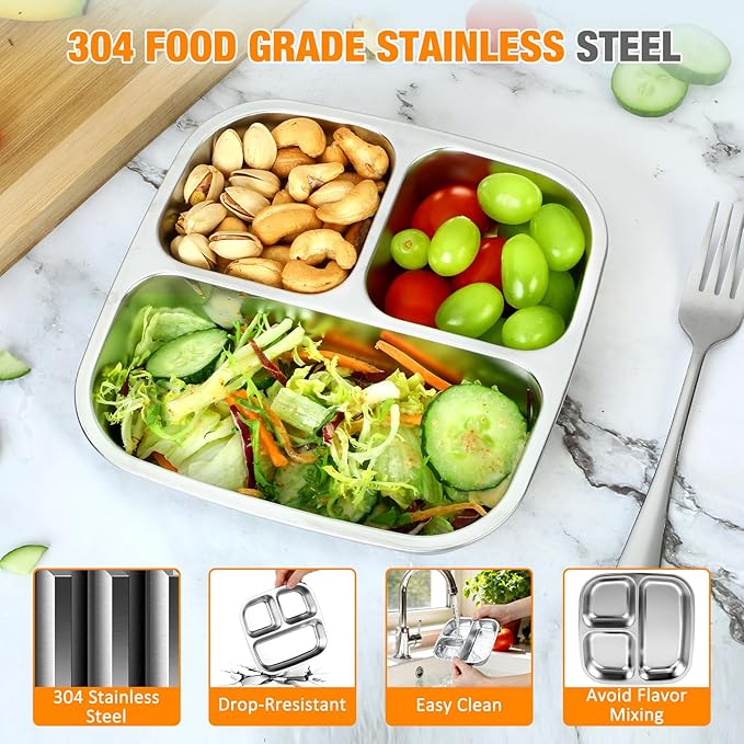 RAOOKIF Stainless Steel Snack Container 7 X 7 inch, 3 Compartment Reusable Snack Containers With Lids, Grab and Go Snack Box for Schools, Homes, Offices, and Camping, Dishwasher-Safe