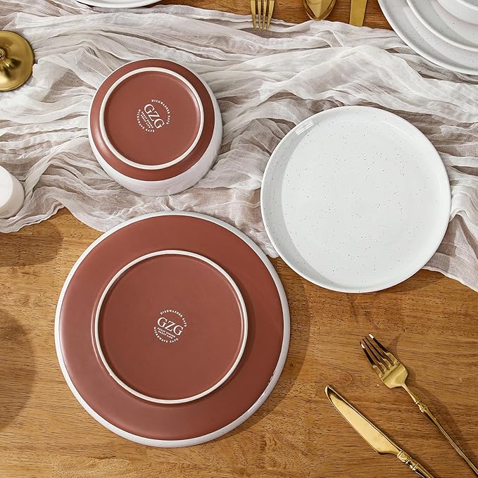 GZG Modern Art Series - 12 Pcs Speckled Stoneware Plates and Bowls Sets, Ceramic Dinnerware Set with Rustic Terracotta Underside, Microwave and Dishwasher Safe Handcrafted Dishes Set - Porcelain White