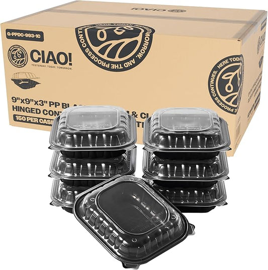 CIAO! 9"x9"x3" Polypropylene Black bottom with Clear Lid Hinged Container 1 Compartment Take Out Container, Microwavable, Recyclable and Reusable, (Case of 150)