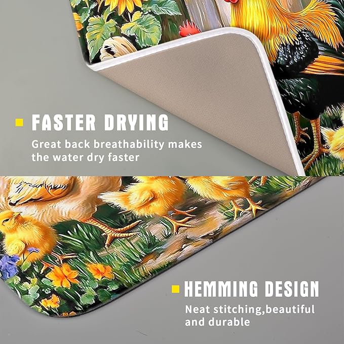 Rooster Dish Drying Mats 16x18 Inch,Farmhouse Chickens Sunflower Rustic Wooden Fence Microfiber Absorbent Draining Racks Sink Drainer Pad for Kitchen Coffee Maker Counter Decor