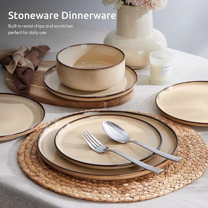 E-far 6-Piece Plates and Bowls Set, Stoneware Dinnerware Sets for 2, Reactive Glaze Ceramic Dinning Ware Dishes, Microwave & Dishwasher Safe - Sandy Beige